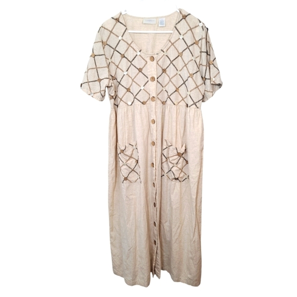 Cabernet Beige Cotton Linen Cottagecore Prairie Button Up Midi Dress Size L - Picture 2 of 7